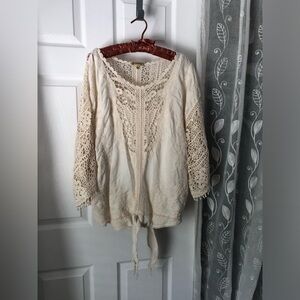 Democracy Crochet Lace embroidery Boho Blouse top front tie sz L oversized